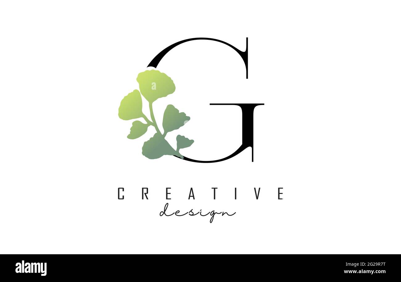 G Letter Logo Design mit geschliffener Kreis und grünen Blättern. Vektorgrafik mit botanischen Elementen. Stock Vektor