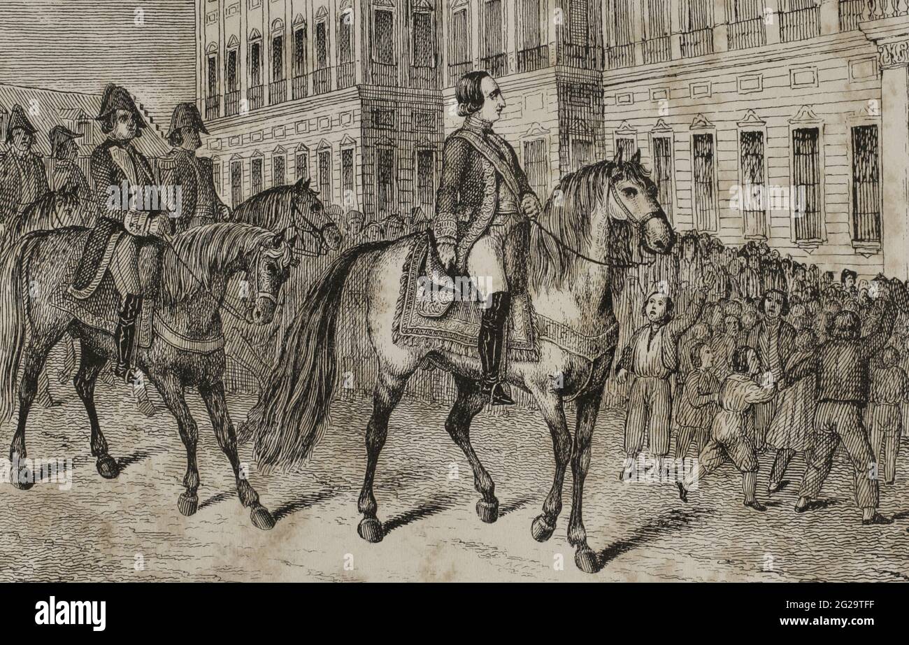 Herrschaft von Karl IV. Von Spanien. Am 13. Januar 1807 ernannte der König Manuel Godoy Admiral General von Spanien und Indien zum Titel Serene Hoheit. Godoys Eingang nach seiner Ernennung. Gravur, Detail. Historia del Levantamiento, guerra y Revolución de España am Conde de Toreno. Madrid, 1851. Stockfoto