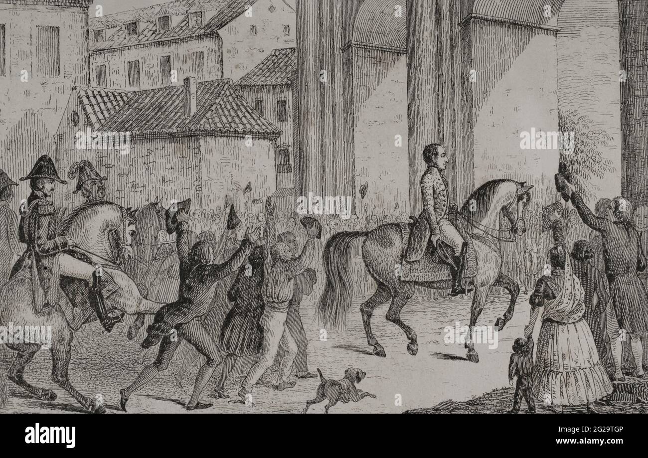 Triumenter Einzug Ferdinands VII. (1784-1833) in Madrid. Auf einem weißen Pferd bestiegen, kam der neu ernannte König am 24. März 1808 über die Puerta de Atocha nach Madrid. Gravur. Historia del Levantamiento, guerra y Revolución de España am Conde de Toreno. Madrid, 1851. Stockfoto