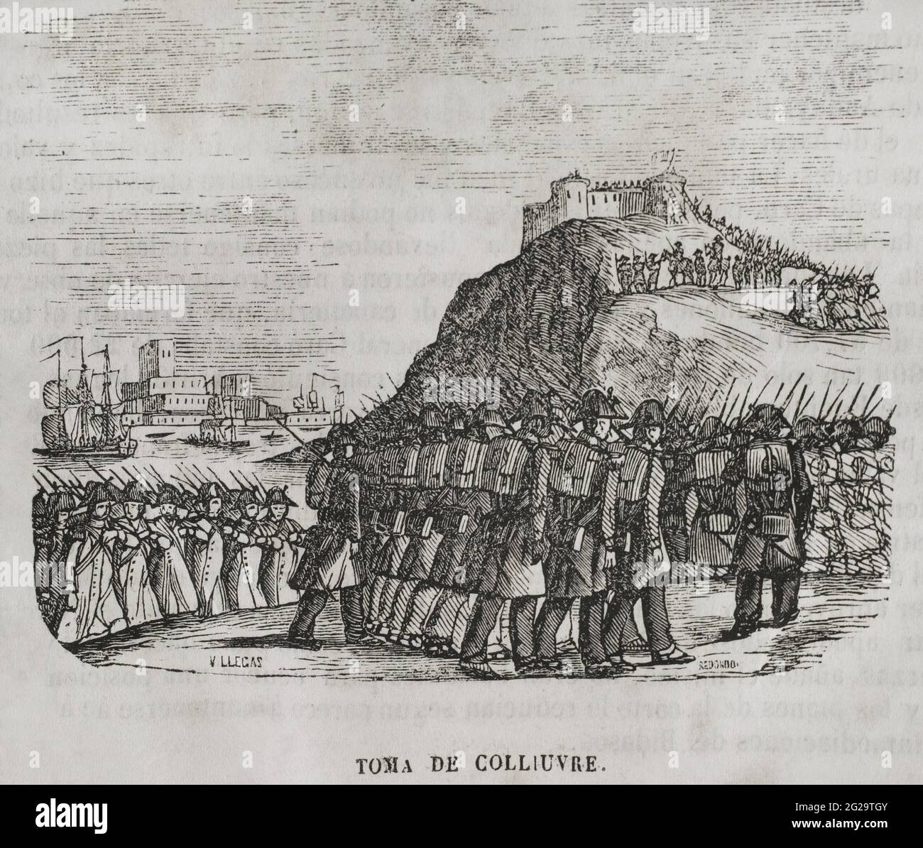Roussillon-Krieg, auch Pyrenäenkrieg oder Konvenkrieg genannt (1793-1795). Konflikt zwischen dem Spanien Karls IV. Und der Ersten Französischen Republik. Schlacht von Collioure (20-23. Dezember 1793). Die spanischen Truppen unter der Führung von General Cuesta eroberten am 20. Dezember den Hafen von Collioure von den Franzosen. Gravur. Historia del Levantamiento, guerra y Revolución de España am Conde de Toreno. Madrid, 1851. Stockfoto