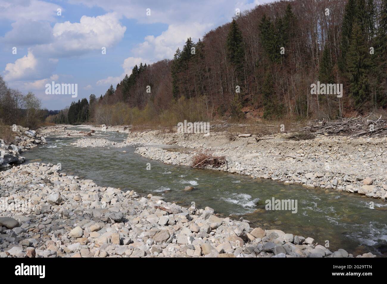 Sense-Fluss in der Nähe von Plaffeien im Kanton Freiburg, Schweiz. Stockfoto