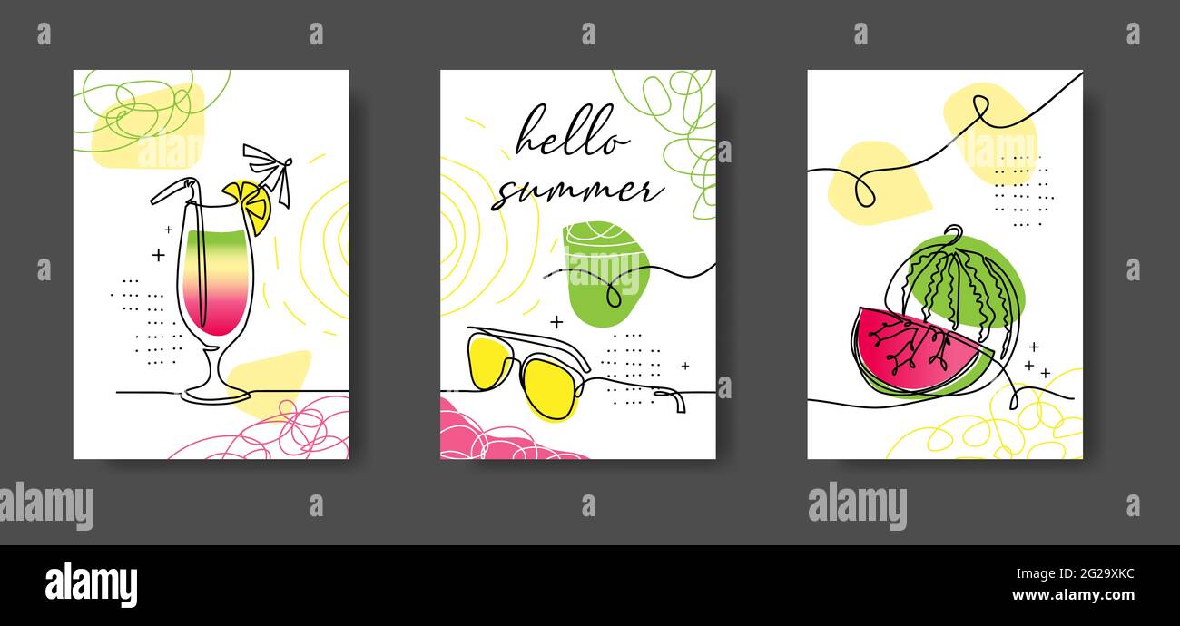 Hallo Sommer Poster, Illustrationen für Café oder Küche. Wassermelone, Cocktail, Getränk, Sonnenbrille im Minimal One Continuous Line Design. Wandlinie Stock Vektor