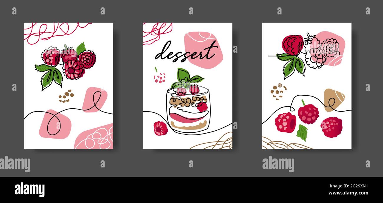 Himbeer-Dessert-Poster, Illustrationen für Café oder Küche. Minimales Design mit einer durchgehenden Linie. Wandlinie Kunstdekoration mit Text Dessert Stock Vektor
