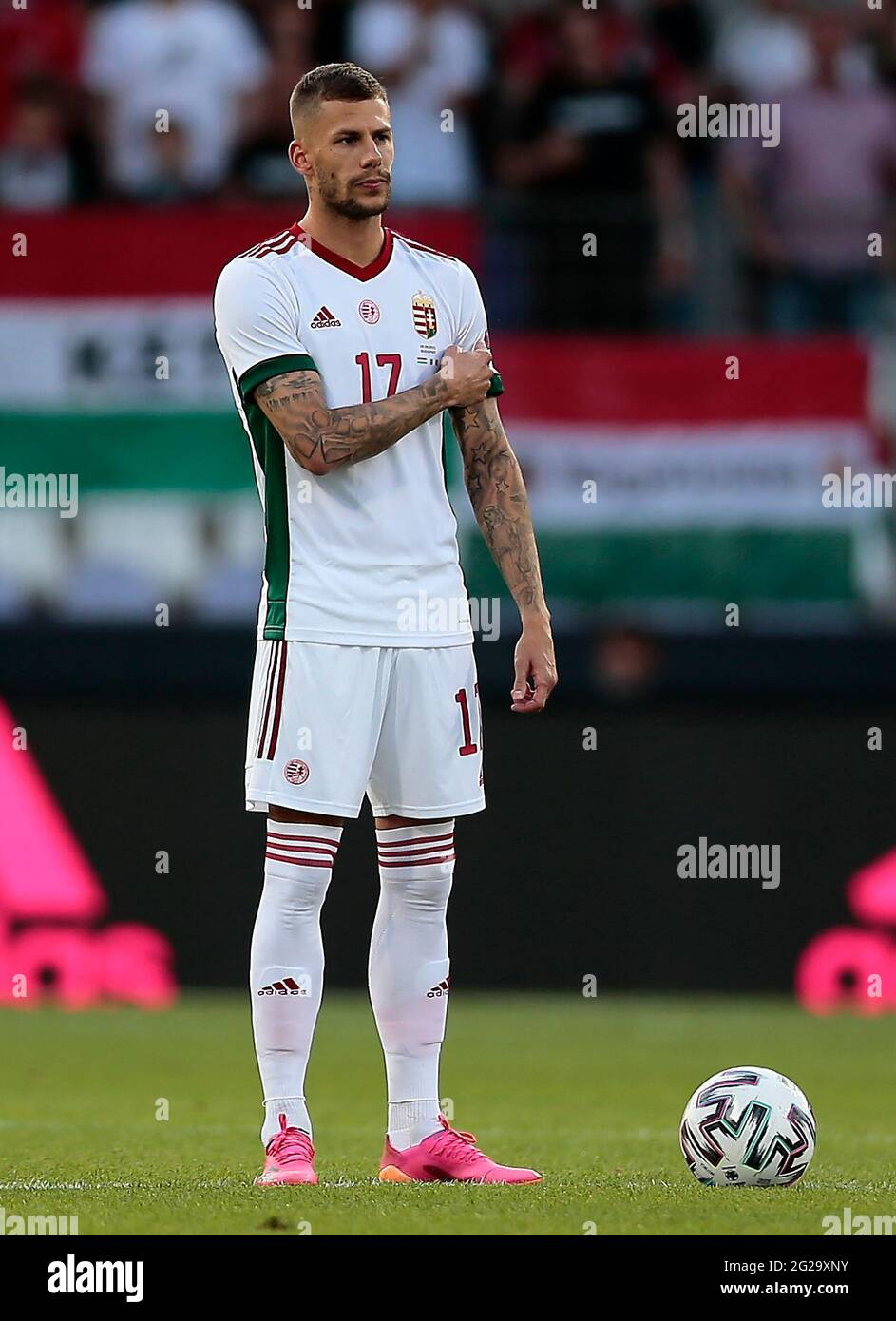 Der ungarische Roland Varga steht vor dem Start während des internationalen Freundschaftsspiel im Szusza Ferenc Stadium in Budapest. Bilddatum: Dienstag, 8. Juni 2021. Stockfoto