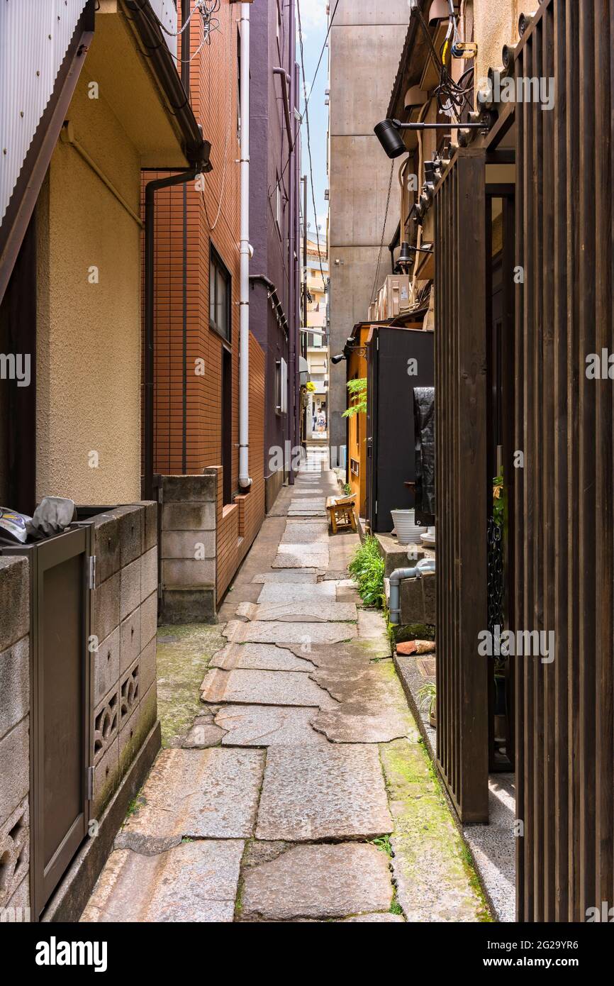 tokio, japan - 08 2021. juni: Enger gepflasterter Pfad von Kakurenbo yokocho, der eine Versteckstraße im alten Rotlichtviertel von Ushigome Hanamach bedeutet Stockfoto