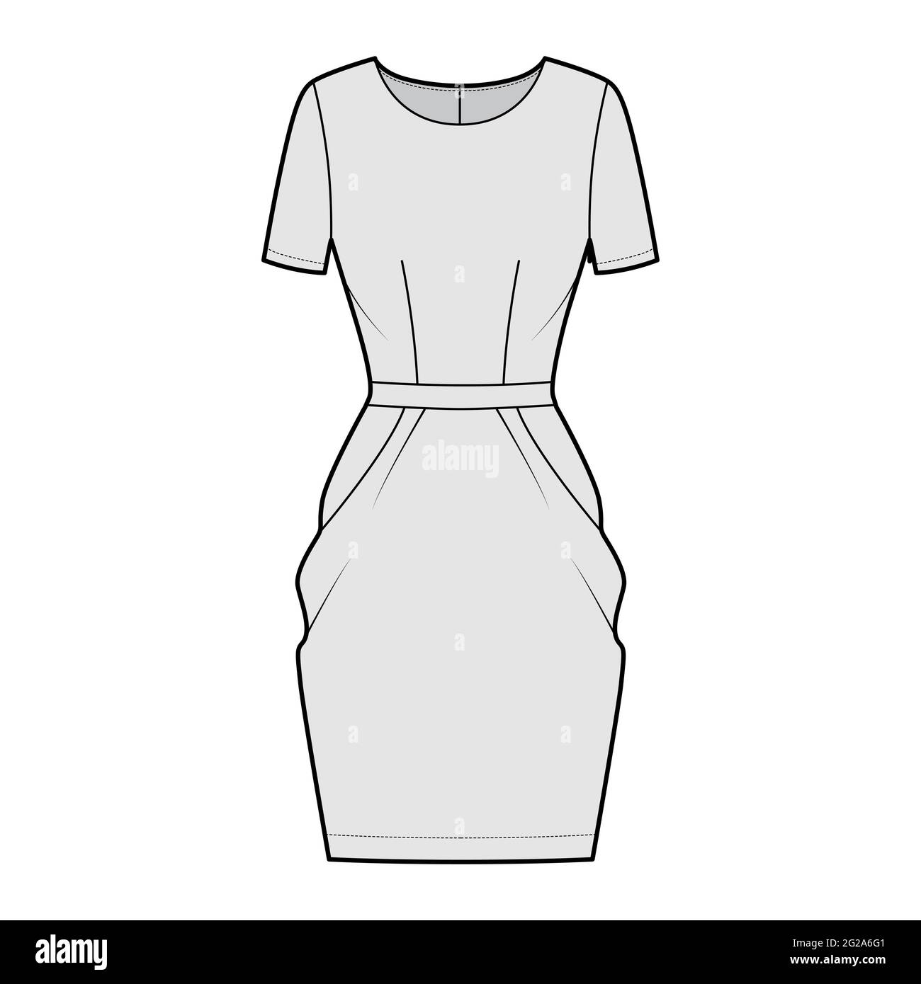 Kleid Tulpe technische Mode Illustration mit kurzen Ärmeln, taillierten Körper, knielangen PEG-Top Bleistiftrock. Flatwear Front, grau gehalten. Frauen, Männer Unisex-CAD-Modell Stock Vektor