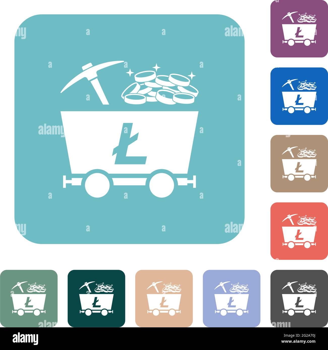 Litecoin Kryptowährung Bergbau mit Schatz weißen flachen Symbolen auf farbigen abgerundeten quadratischen Hintergründen Stock Vektor