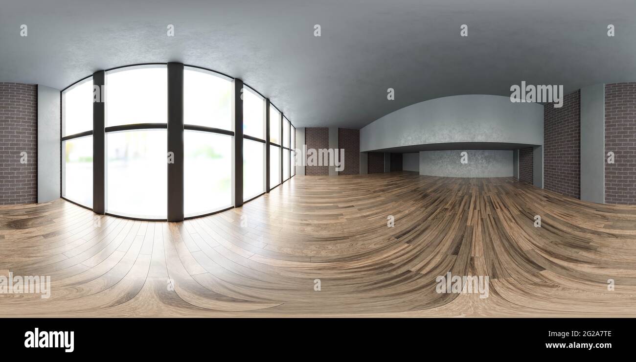 Vollständige 360 Panorama-Ansicht Umwelt Karte der industriellen Stil Loft-Studio mit Holzboden 3d-Rendering Illustration hdri hdr vr Stil Stockfoto