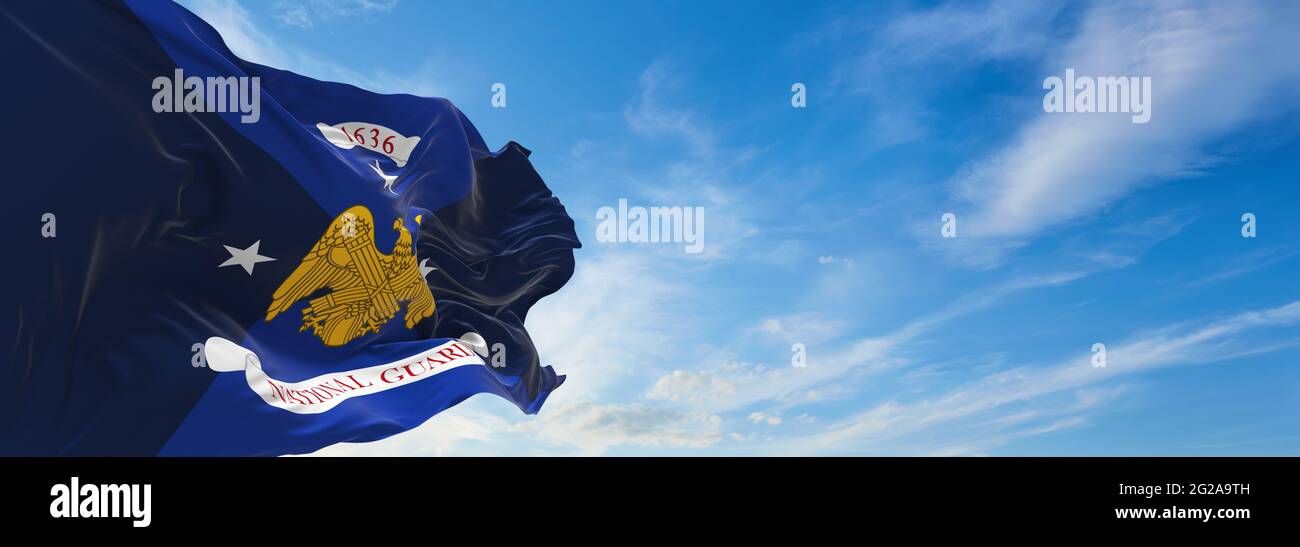 Die Flagge des stellvertretenden Chefs der Nationalgarde winkt im Wind. USA Nationale Verteidigung. Speicherplatz kopieren. 3d-Illustration. Stockfoto