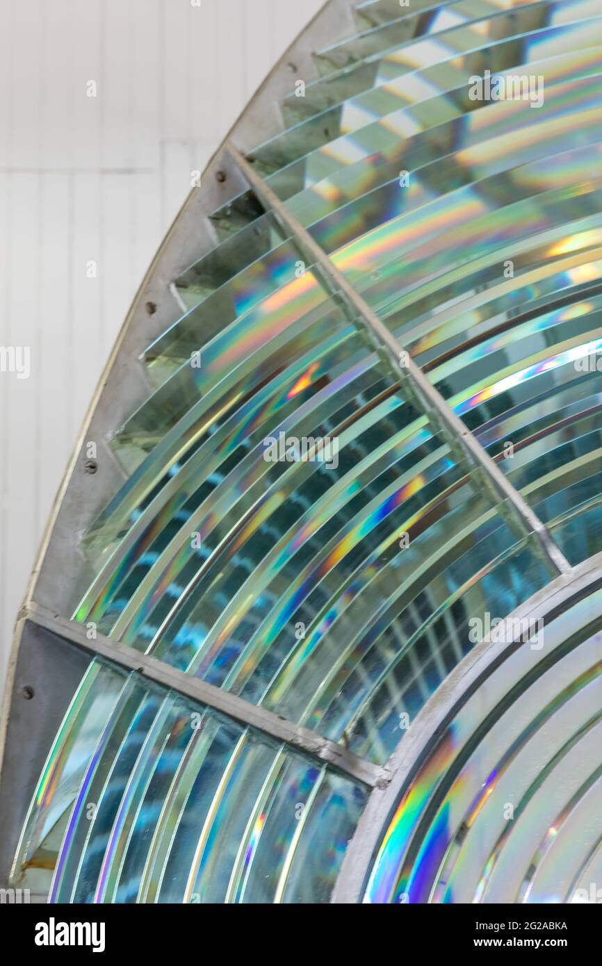 Prism Lens - die Point Arena Lighthouse Fresnel-Linse besteht aus 666 handgeschliffenen Glasprismen. Point Arena, Kalifornien, USA Stockfoto