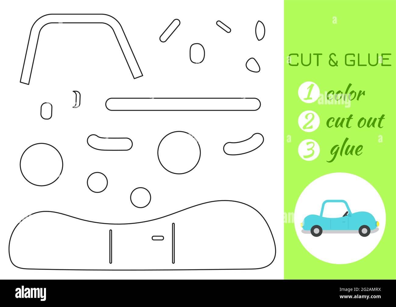 Farbe, Schnitt und Klebstoff Papier türkis Auto. Seite „Craft Activity“ ausschneiden und einfügen. Pädagogisches Spiel für Kinder im Vorschulalter. DIY-Arbeitsblatt. Kids Logik Spiel, ein Stock Vektor