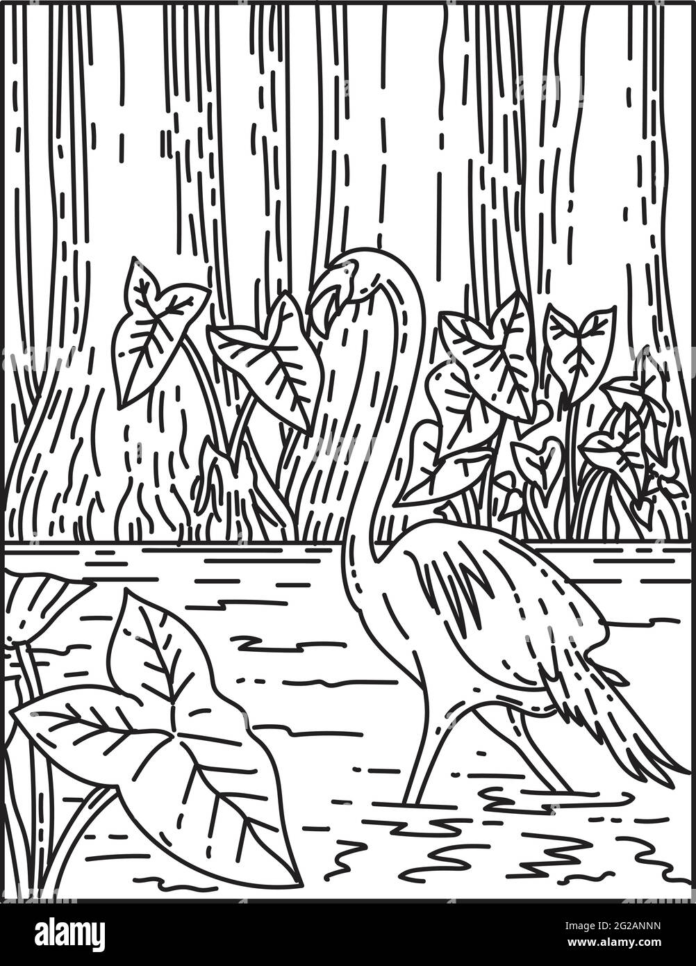 Monolinie Illustration eines Flamingos wating in subtropischer Wildnis des Everglades National Park, Florida, Vereinigte Staaten von Amerika in retro bla getan Stock Vektor