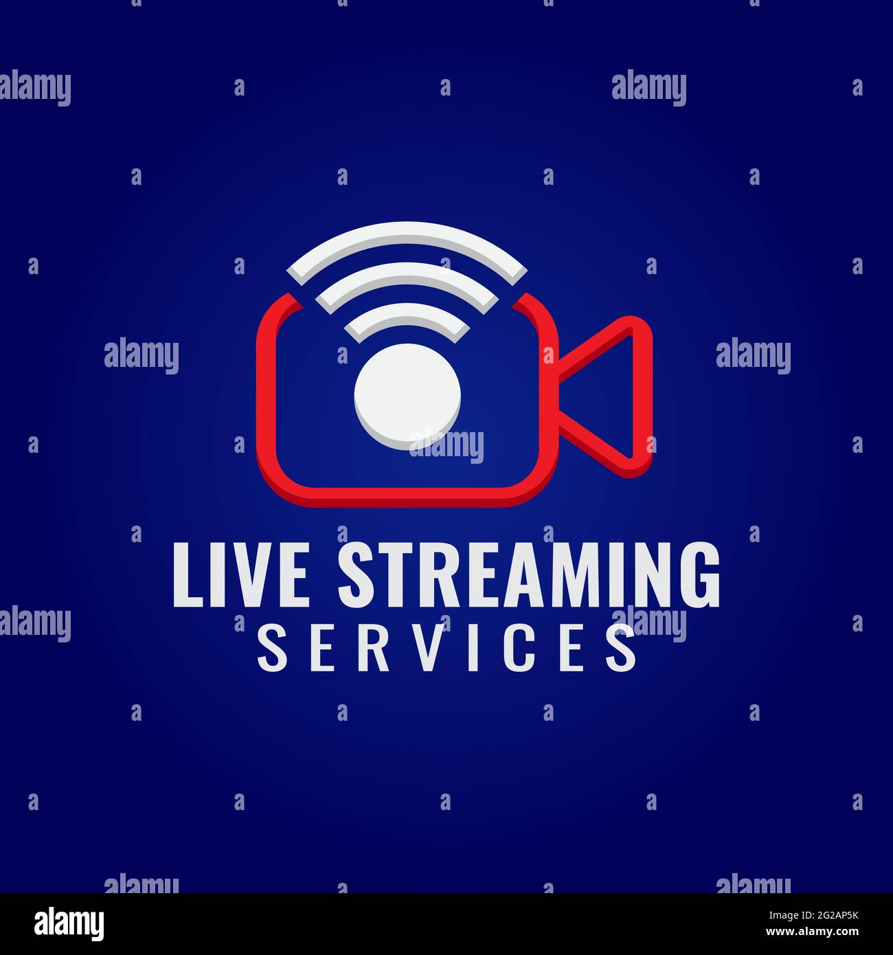 Live Streaming Services Company Logo Design-Vorlage. Bildzeichen Logo-Konzept mit Videokamera und Wireless-Signal-Symbol. Rot, Blau und Weiß Stock Vektor