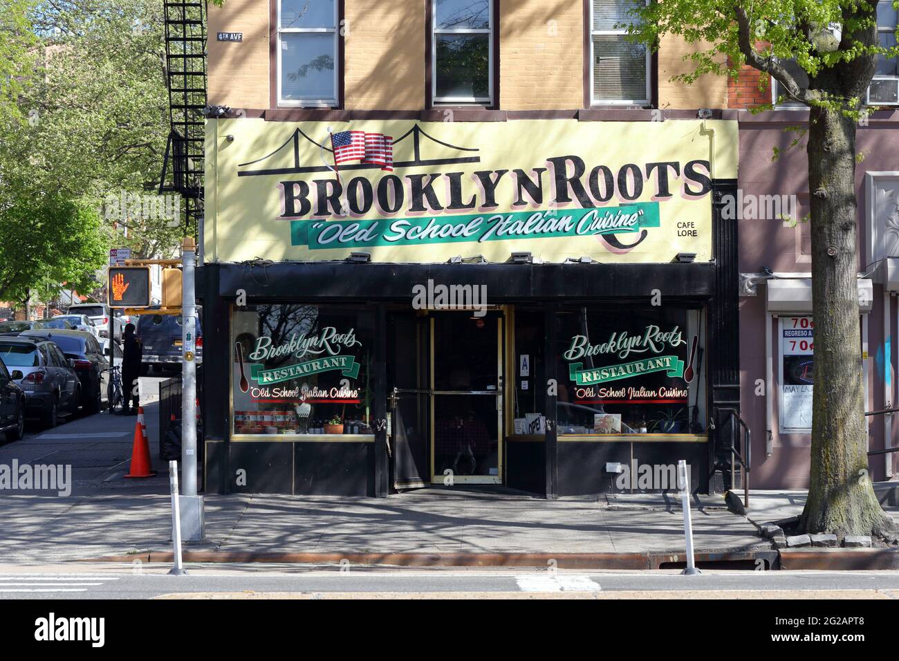 Brooklyn Roots, 4601 4. Ave, Brooklyn, NYC Foto von einem italienischen Restaurant im Sunset Park Viertel. Stockfoto