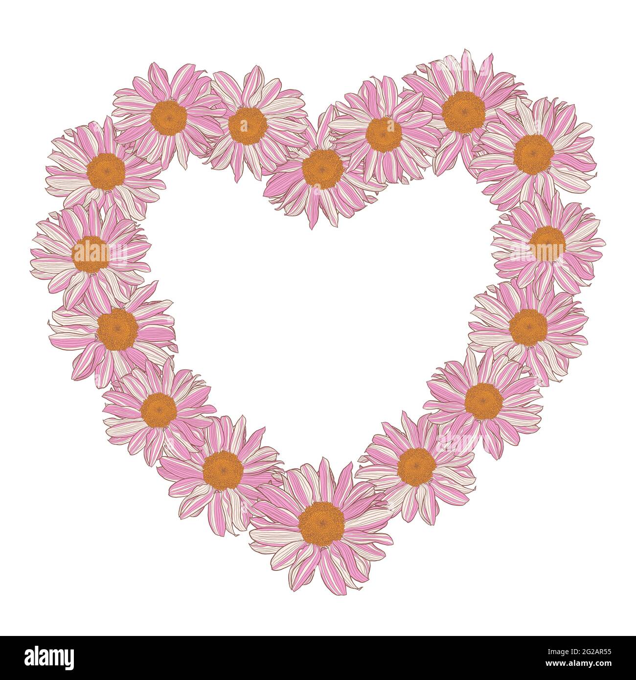 Blumenkranz aus weiß-rosa-gelben Gänseblümchen in Herzform, isoliert auf weißem Hintergrund. Vektor-Illustration-Element mit Kopierfläche für Grußkarten, Einladungen Hochzeit, Geburtstag, Verpackung. Stock Vektor