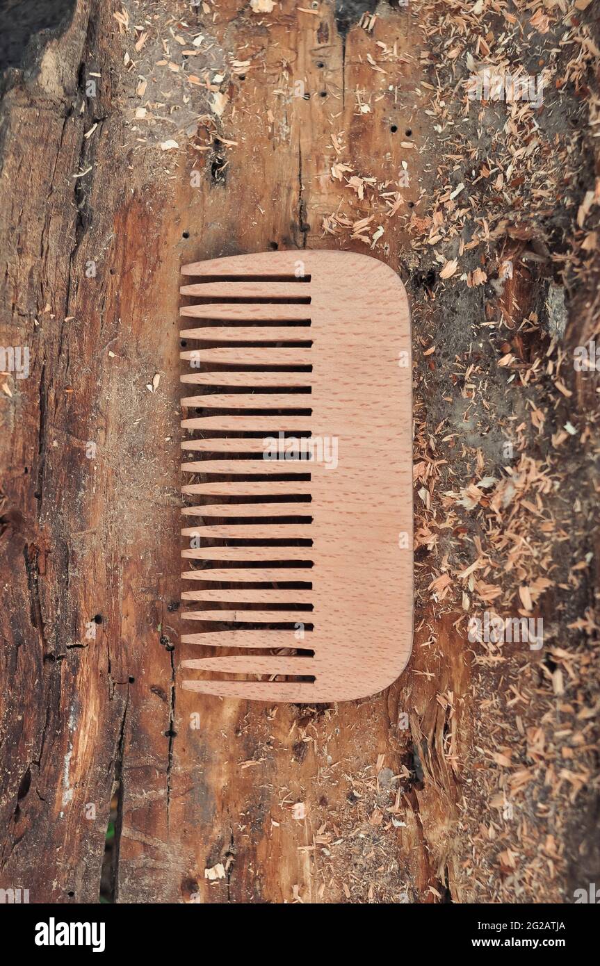 Holzkamm für Haar Öko Haarbürste, kein Kunststoffkonzept Stockfoto