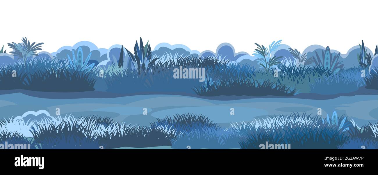 Nächtliche alte Straße durch die Wiese. Dunkle Kräuterlichtung. Nahaufnahme des Grases. Ländliche Landschaft. Trail. Cartoon-Stil. Flaches Design. Nahtlose Illustration Stock Vektor