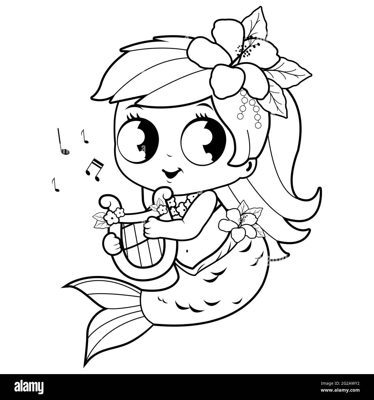 Nette Meerjungfrau, die mit ihrer Leier Musik spielt. Schwarz-Weiß-Malseite Stockfoto