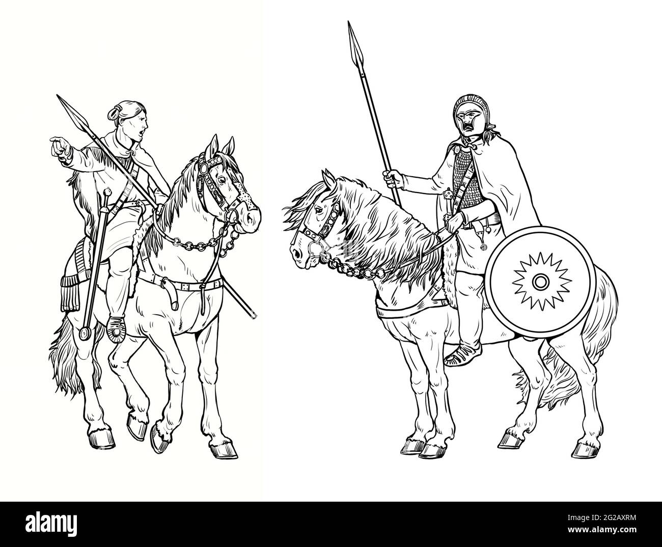 Berittene germanische Krieger. Berittene Ritter vor der Schlacht. Digitales Zeichnen. Stockfoto