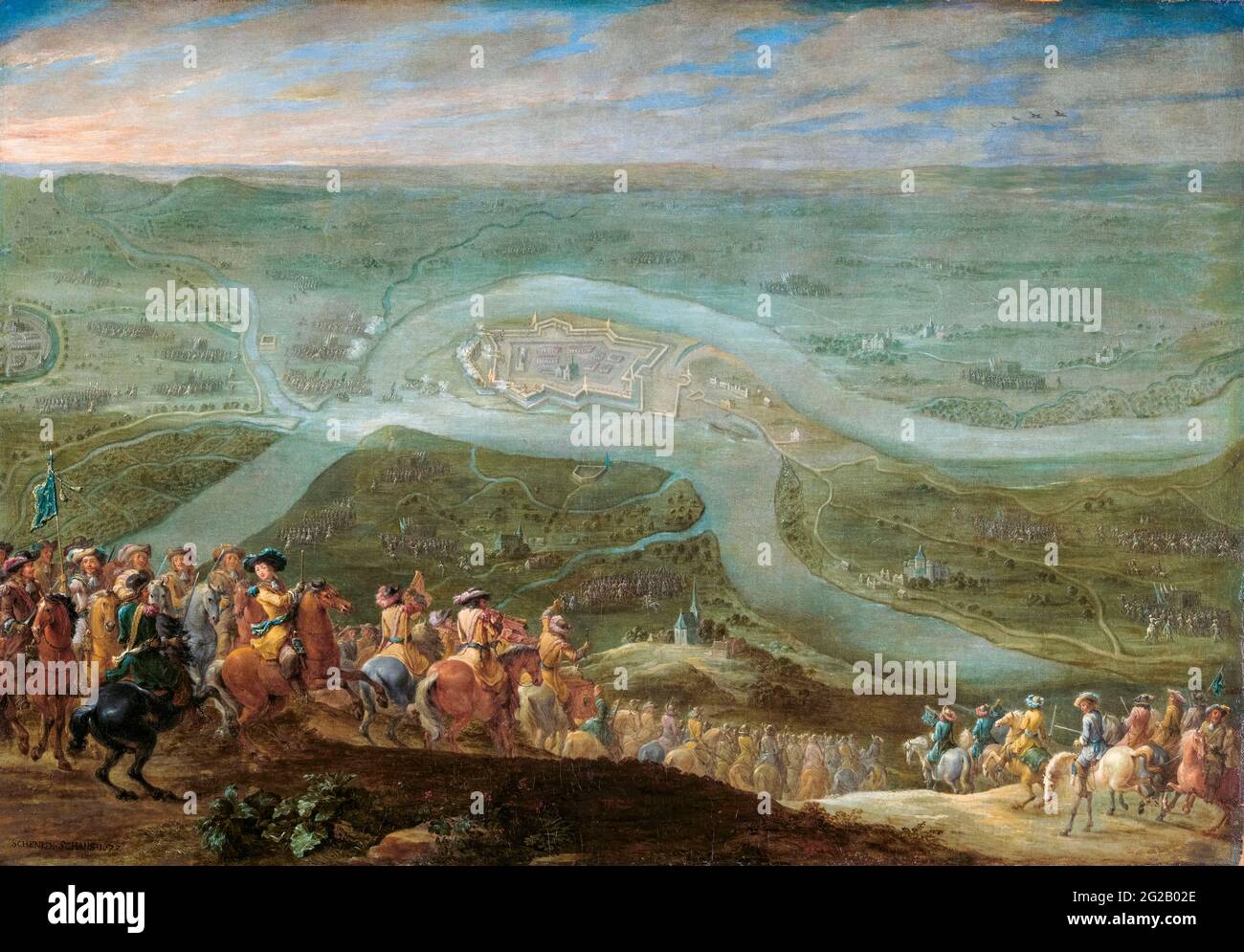 König Ludwig XIV. Von Frankreich (1638-1715) und sein Gefolge bei der Belagerung von Schenkenschans, 21.. Juni 1672, Teil des französisch-niederländischen Krieges, Gemälde von Lambert de Hondt II., um 1675 Stockfoto