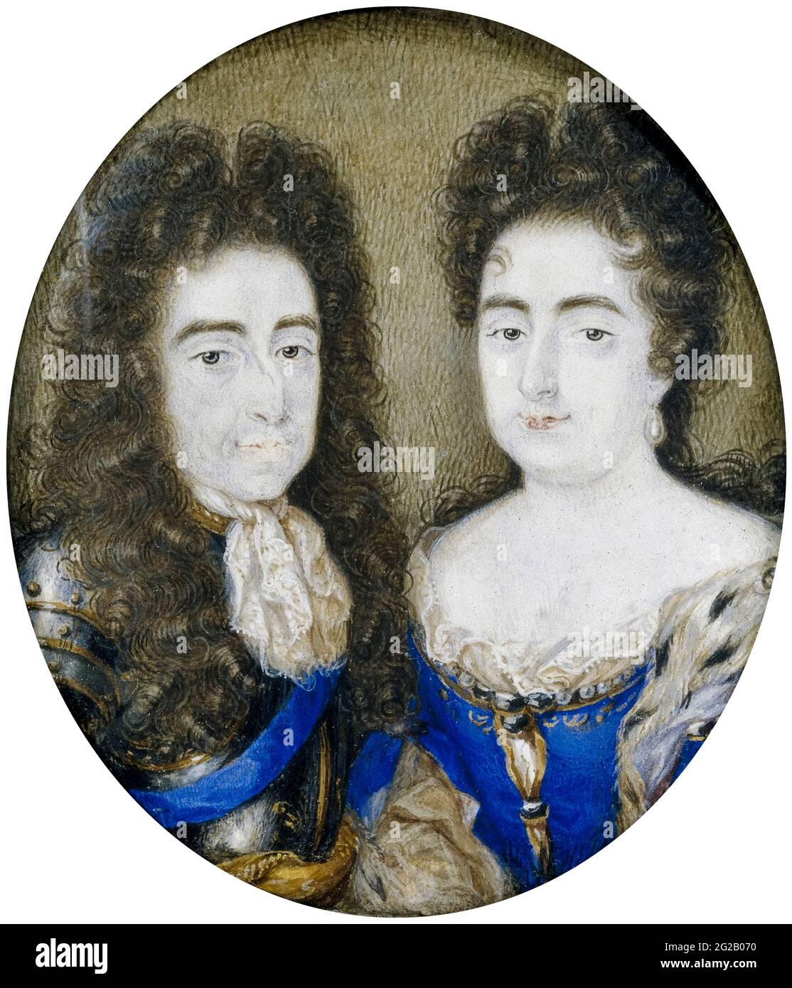 Wilhelm und Maria: Wilhelm III. (1650-1702) Prinz von Oranien und König von England (1689-1702) mit seiner Frau Maria Stuart (1662-1694) Königin Maria II. Von England (1689-1694), Porträtminiatur von Peter Hoadly, 1700-1750 Stockfoto