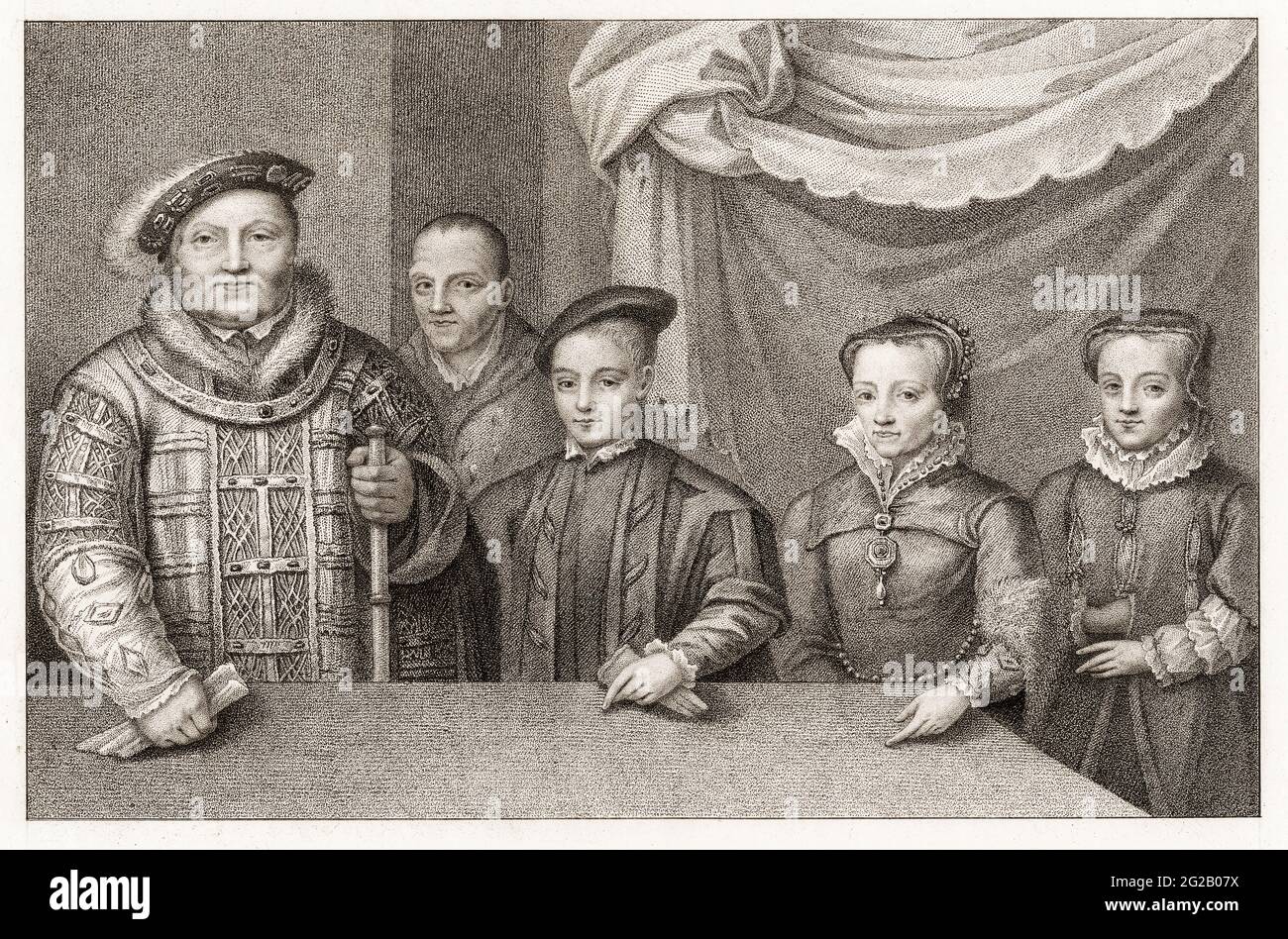 König Heinrich VIII. (1491-1547), mit will Sommers seinem Hofnarren und Kindern: Edward VI. (1537-1553), Maria I. (1516-1558) und Elisabeth I. (1533-1603), Porträtstich von Francesco Bartolozzi nach Hans Holbein dem Jüngeren, 1800 Stockfoto