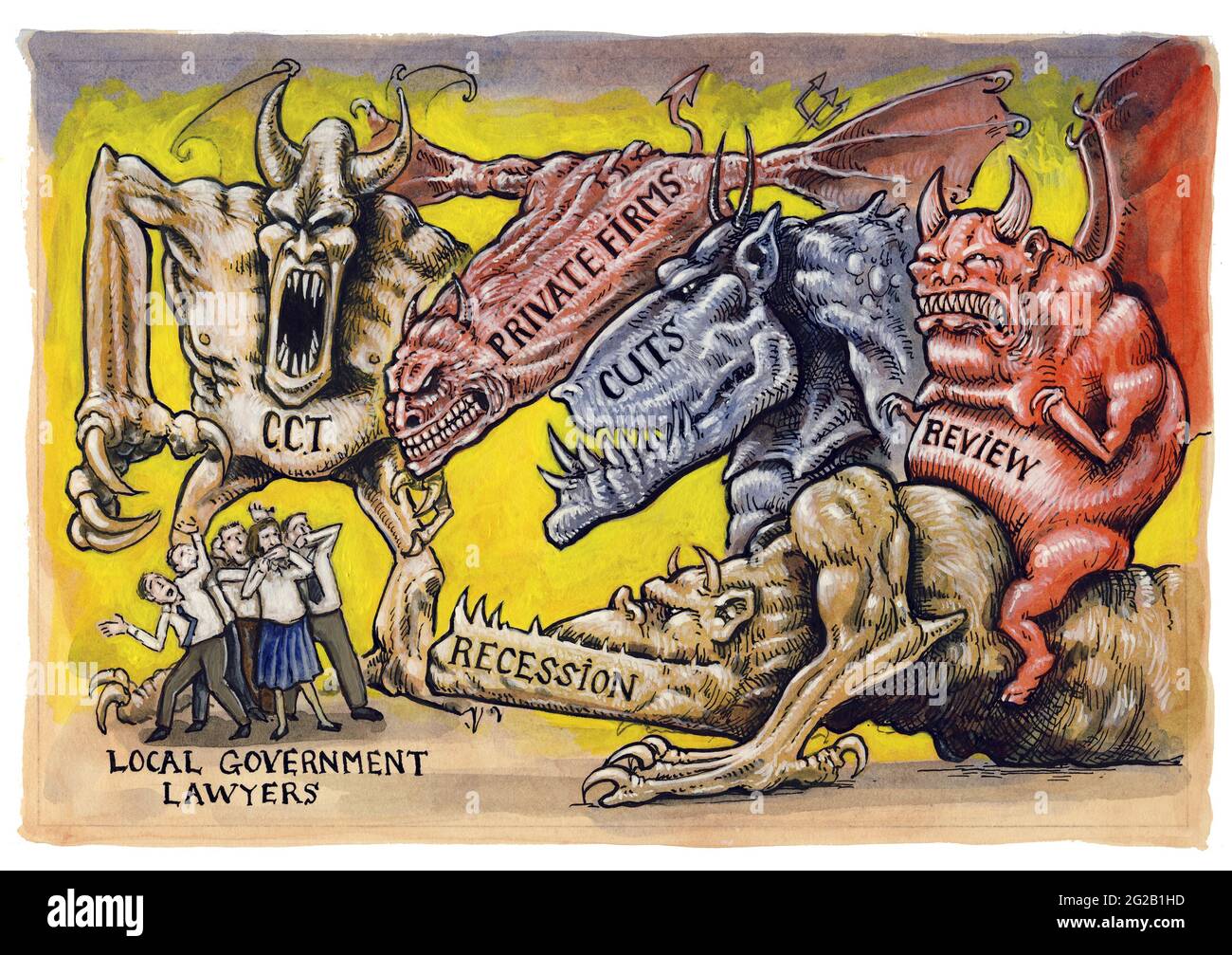 Konzeptkunst Illustration lokale Regierung Anwälte unter Angriff von symbolischen Monstern der Rezession Überprüfung geschnitten, obligatorische Ausschreibung (CCT) Stockfoto