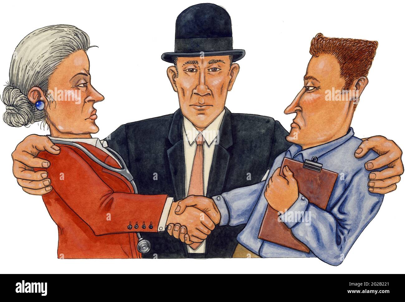 Konzeptkunst-Illustration mit einem Arzt und Praxismanager, der widerwillig vom Großunternehmen beeinflusst wird, vertreten durch einen Mann in einem Melonenhut. Verkaufswelle im NHS Stockfoto