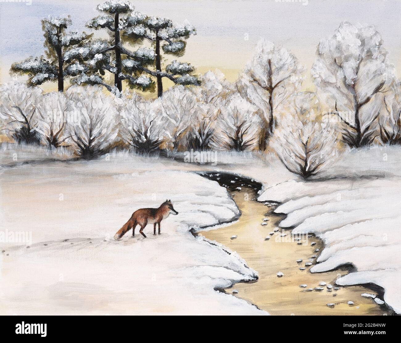 Handgezeichneter Fuchs in Schneeverwehung auf dem Land, mit Acrylfarben auf Leinwand bemalt. Winterlandschaft. Stockfoto