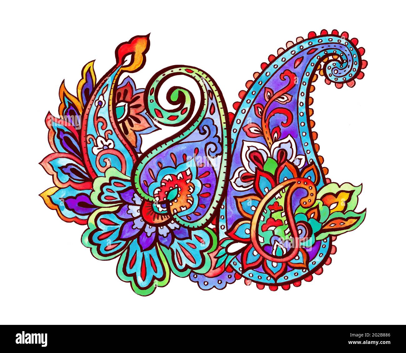 Handgezeichnetes Paisley-Blumenmuster isoliert auf weißem Hintergrund. Farbenfrohes Muster aus Paisley-Designelementen. Stockfoto