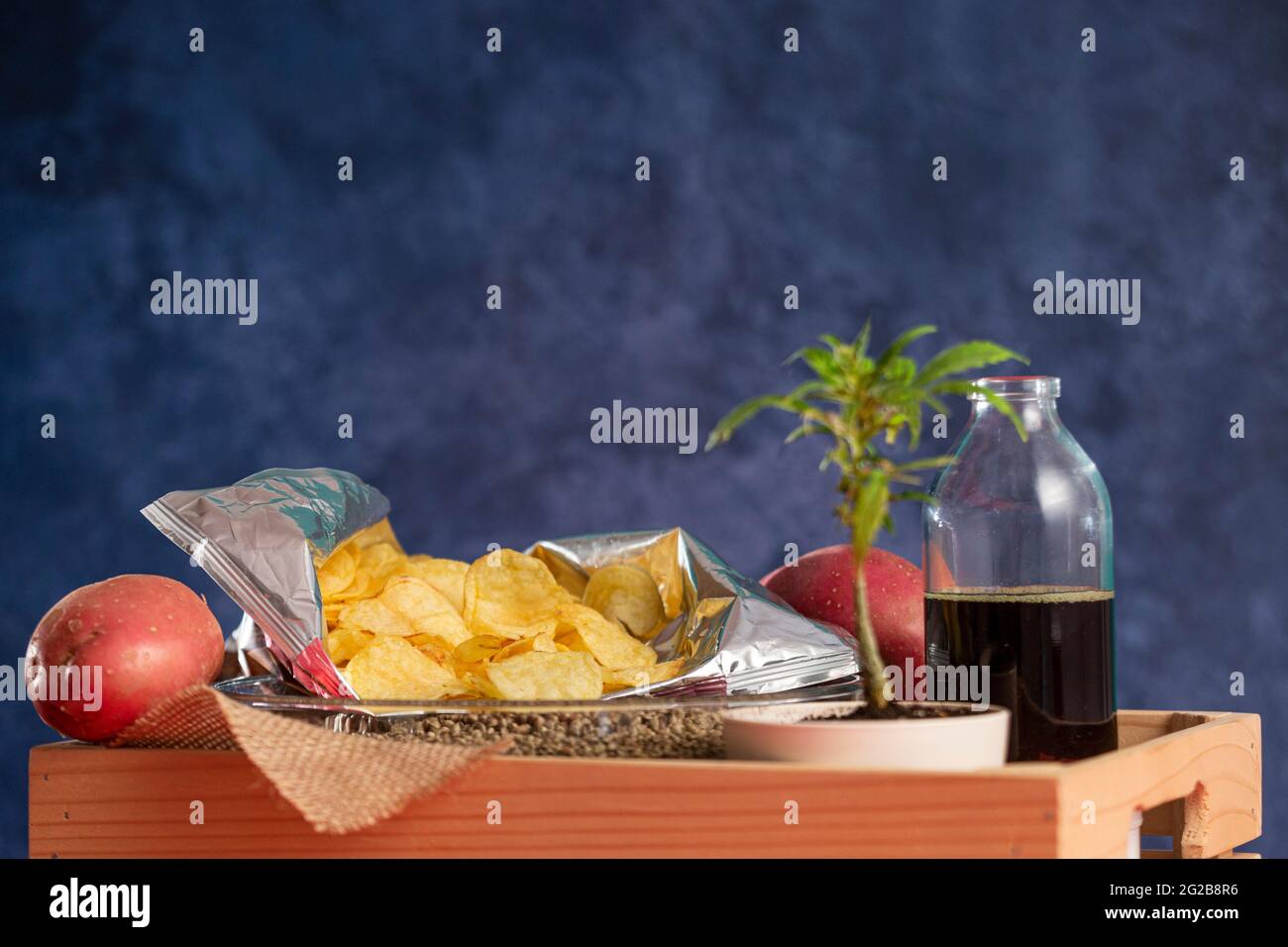 Eine offene Tüte Chips, CBD-Öl in einer Flasche, Kartoffeln und eine Marihuanapflanze und eine Schüssel Hanfsamen in einer Holzkiste. Der Hintergrund ist blau. Stockfoto