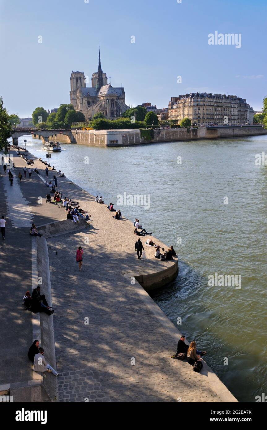 FRANKREICH, PARIS (75) 5. ARRONDISSEMENT, DIE KAIS DER SEINE UND NOTRE-DAME AUF DER ILE DE LA CITE (VOR DEM DRAMATISCHEN BRAND AM 15. APRIL 2019) Stockfoto