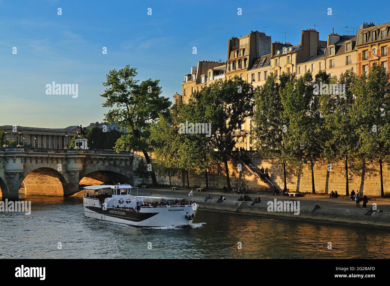 FRANKREICH, PARIS (75) 1. ARRONDISSEMENT, DIE KAIS DER SEINE, ILE DE LA CITE UND PONT NEUF, FLUSSSCHIFF Stockfoto