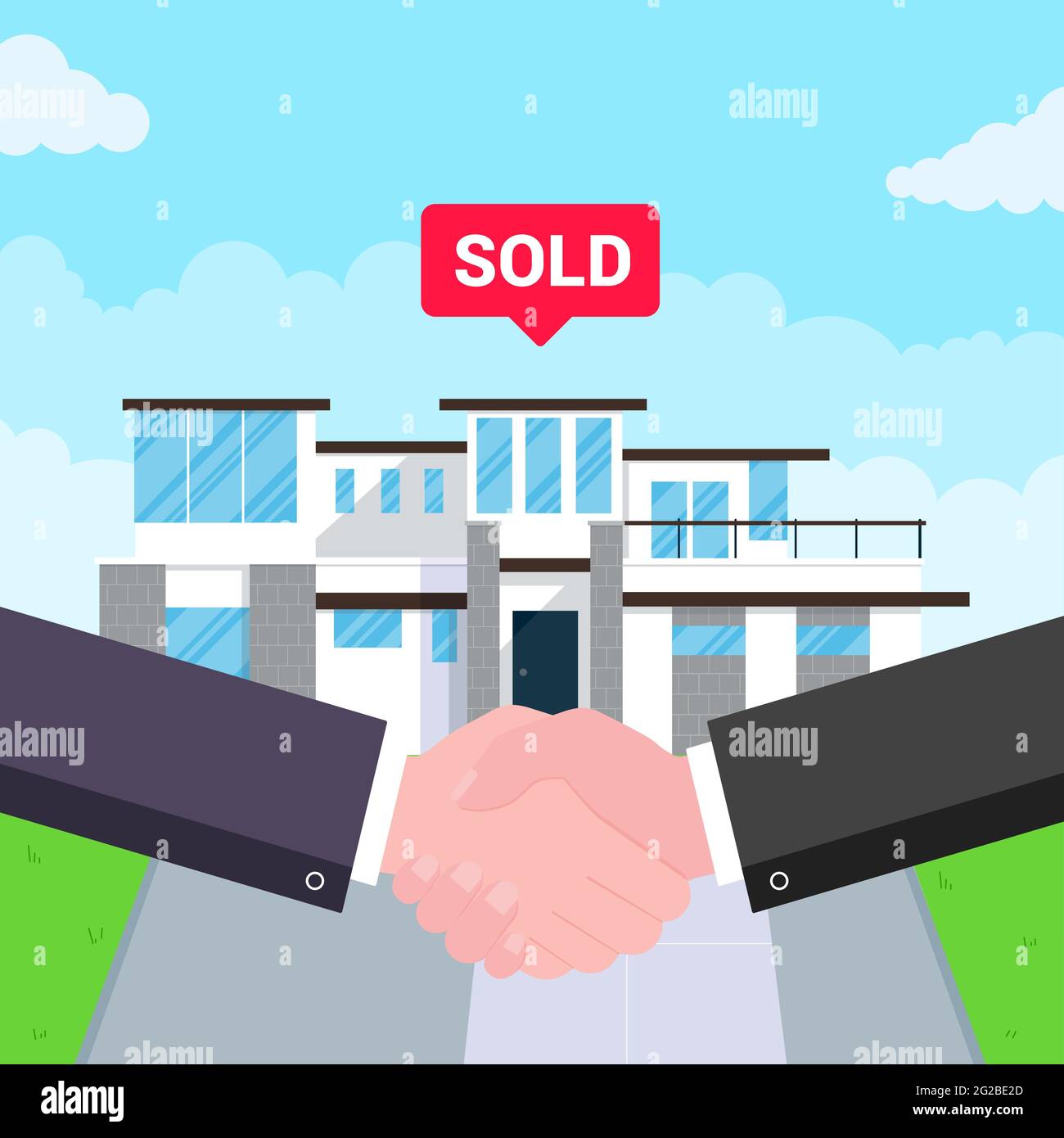 Kauf eines neuen Hauses zum Verkauf. Zwei Hände schütteln, Big Deal Vereinbarung flachen Stil Vektor-Illustration. Neues Haus hinter für neuen Vermieter oder Hausbesitzer verkauft. Stock Vektor