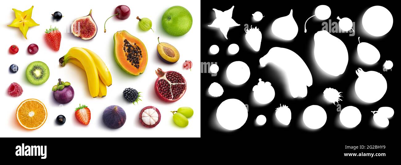 Mix aus verschiedenen Früchten und Beeren isoliert auf weißem Hintergrund mit Alphakanal, flach liegend Stockfoto