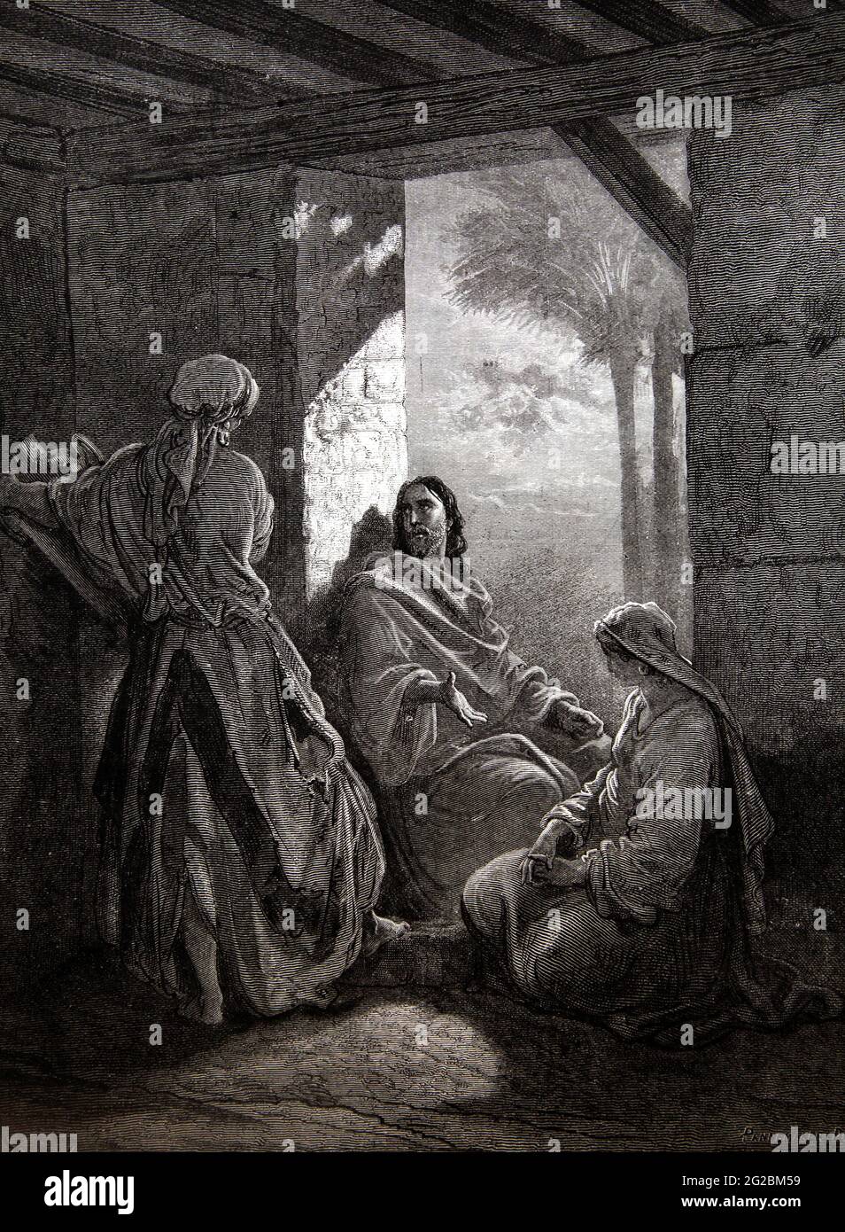 Bibelgeschichte Illustration von „Jesus im Haus von Martha und Maria“ - Martha bereitet Essen vor, während Maria sitzt und auf Jesus hört (Lukas 10:41-42) vorbei Stockfoto