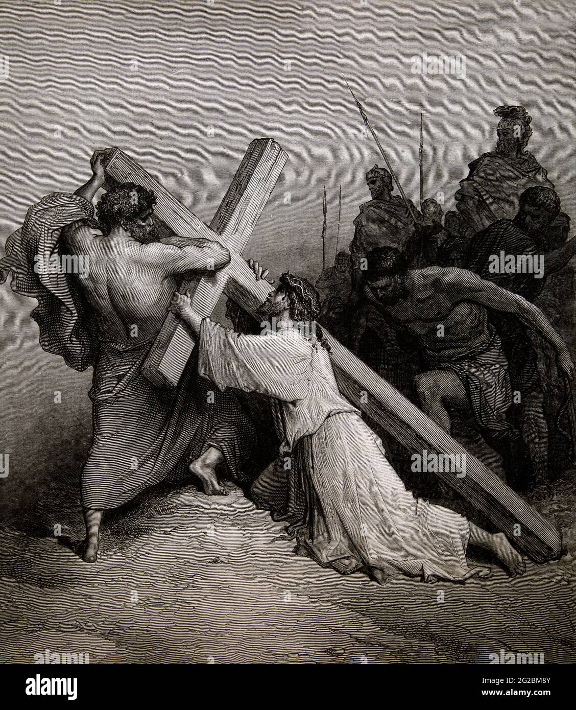 Bibelgeschichte Illustration von „Jesus fällt unter das Kreuz“ (Markus 15:21) von Gustave Dore Stockfoto