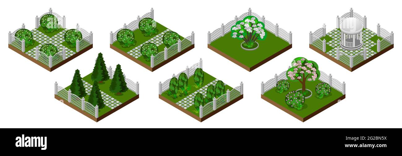 Isometrisches Park- oder Gartenset. Sommer Gartenfliesen isoliert. Bäume, Sträucher, Zierzaun, Gras. Isometrische Module für Spiel oder Cartoon Landschaft sc Stockfoto