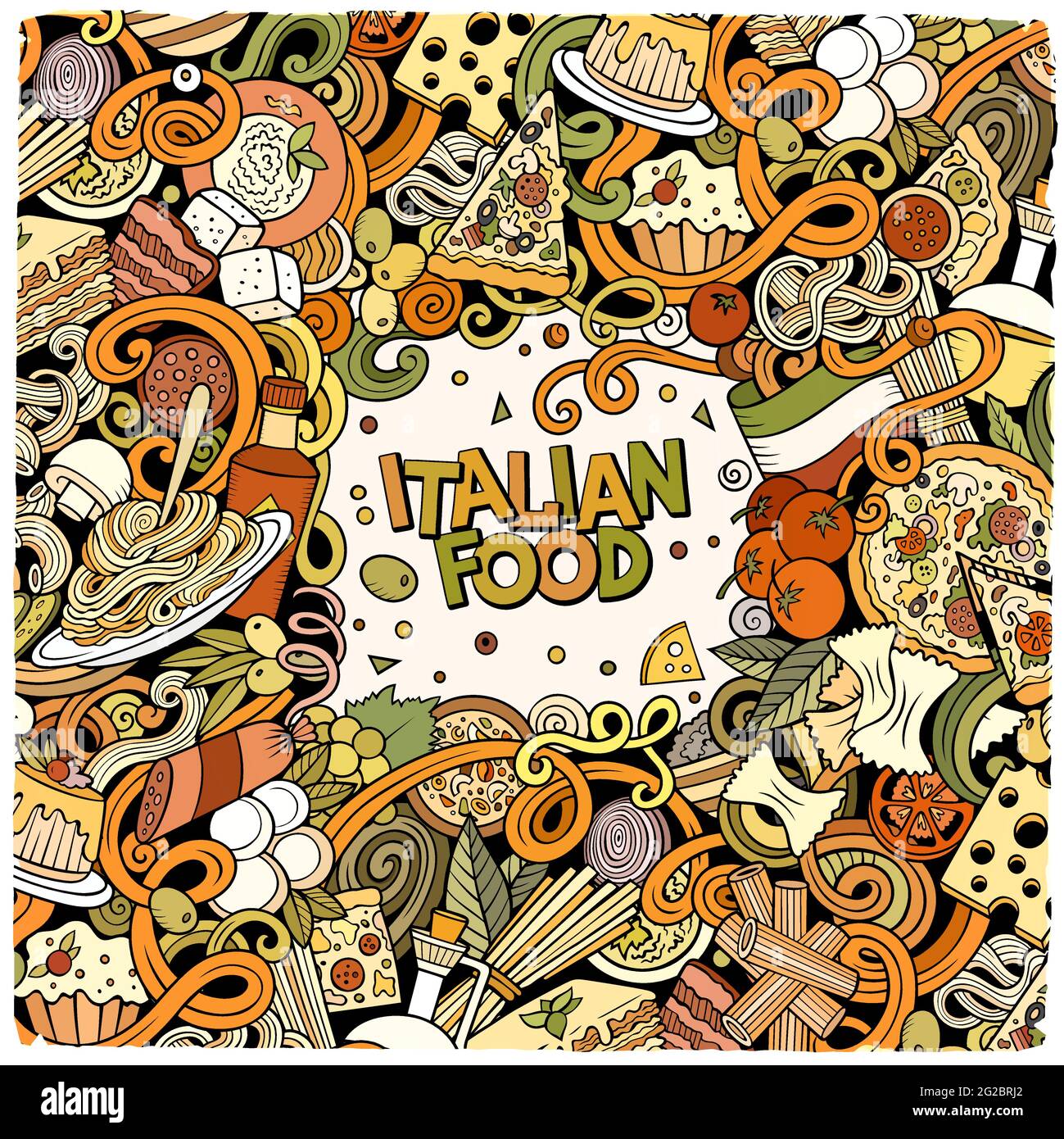 Cartoon-Vektor kritzelt italienischen Lebensmittelrahmen. Bunt, detailreich, mit vielen Objekten im Hintergrund. Alle Objekte getrennt. Helle Farben italienische Küche funn Stock Vektor