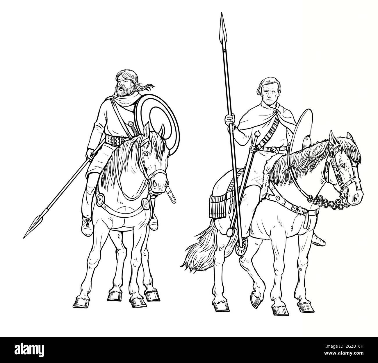 Berittene germanische Krieger. Berittene Ritter vor der Schlacht. Digitales Zeichnen. Stockfoto