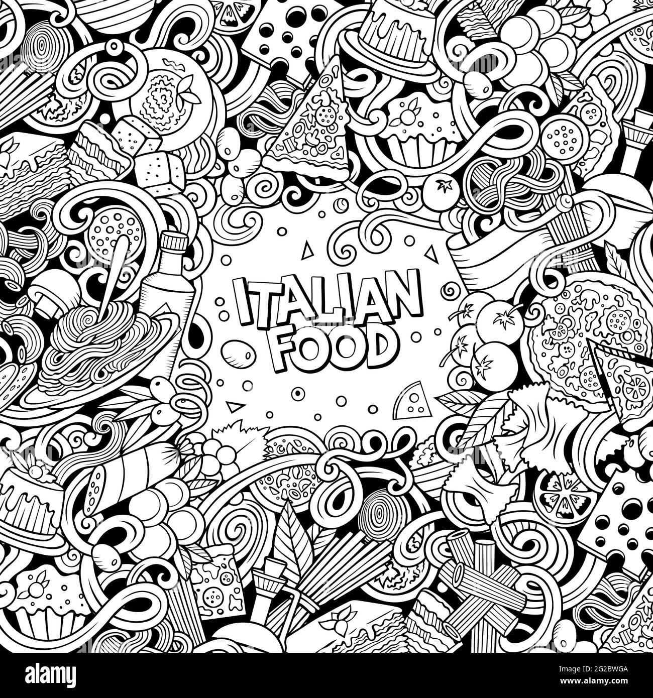 Cartoon-Vektor kritzelt italienischen Lebensmittelrahmen. Skizzenhaft, detailliert, mit vielen Objekten im Hintergrund. Alle Objekte getrennt. Stock Vektor