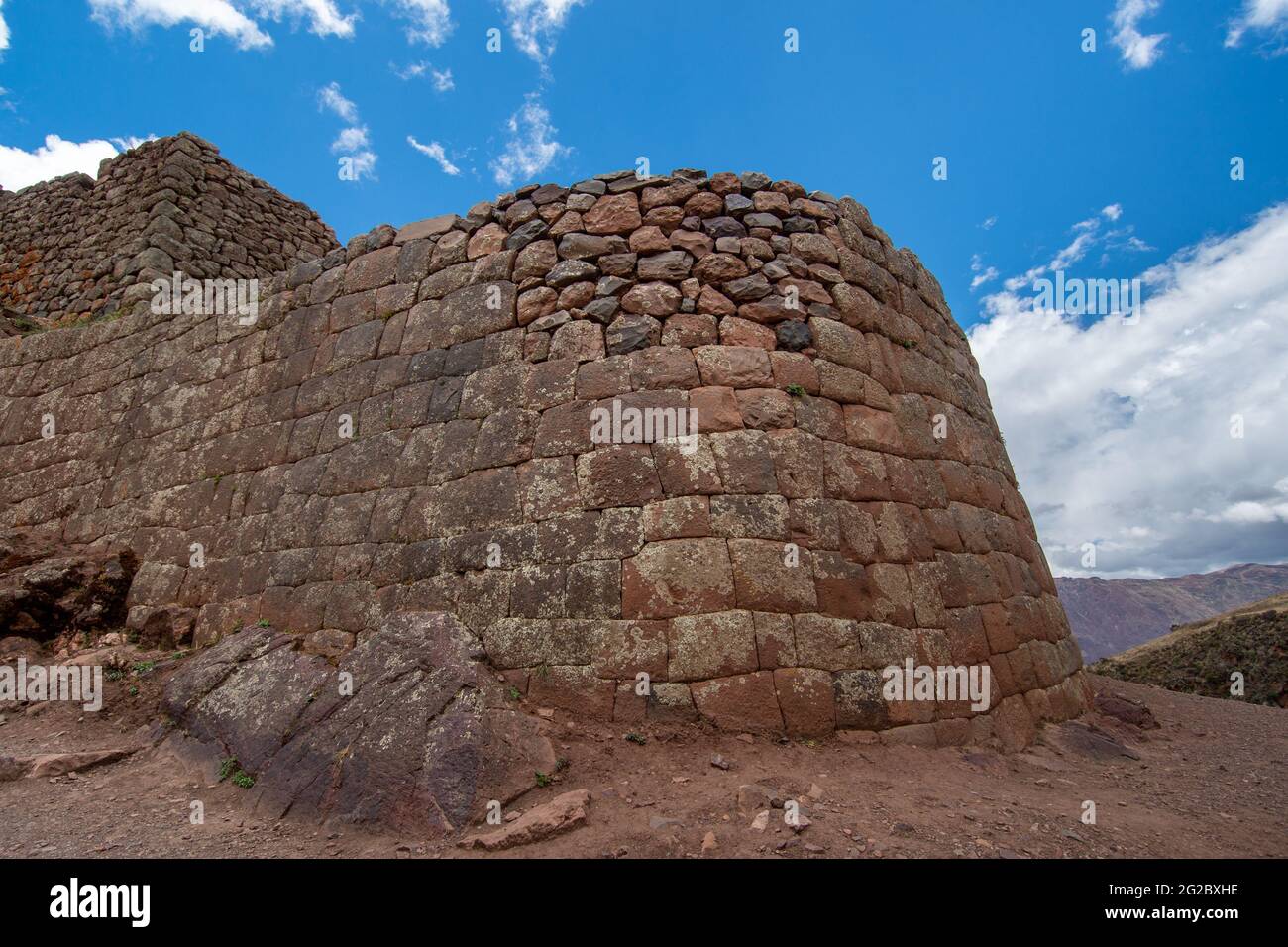 Archäologischer Park Pisac, Calca, Cuzco, Peru am 9. Oktober 2014. Ruinen und Touristenbesichtigungen. Stockfoto