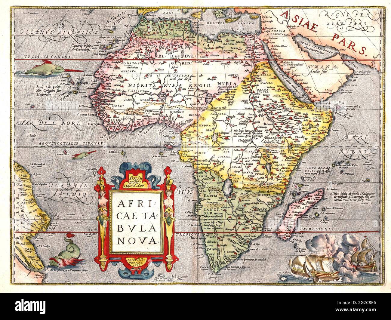 Antike Landkarte, Afrika Karte, Alte Afrika Karte, Retro Afrika Karte, Vintage Afrika Karte, Antike Afrika-Karte, Afrika-Karte, 1570 Afrika-Karte, Altafrika Drucken Stockfoto