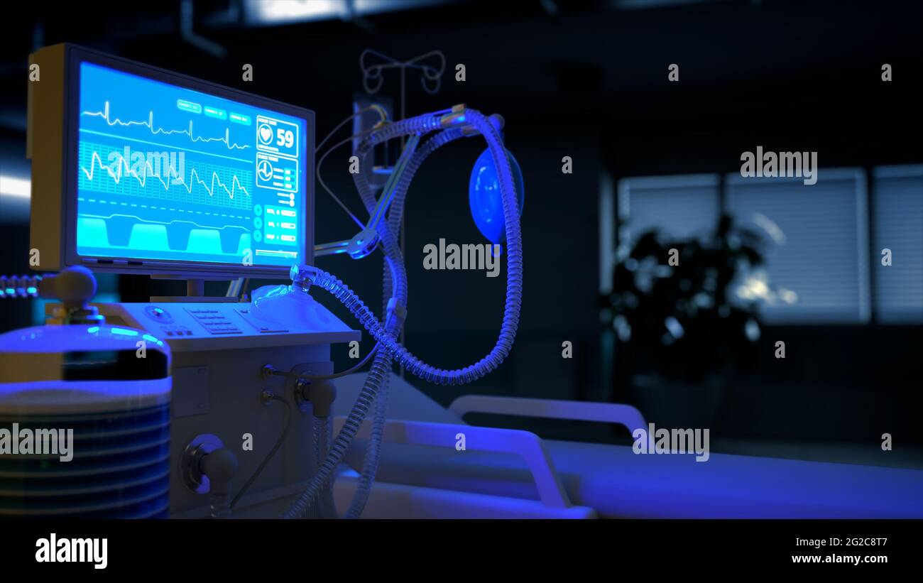 Healthcare 3d-Illustration, ITS-Covid-Beatmungsgerät in der Klinik bei Nacht Stockfoto