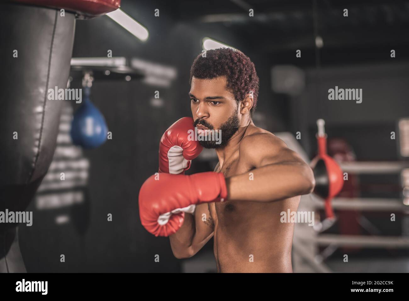 Junge dunkelhäutige Boxerin, die in einem Fitnessstudio trainiert Stockfoto