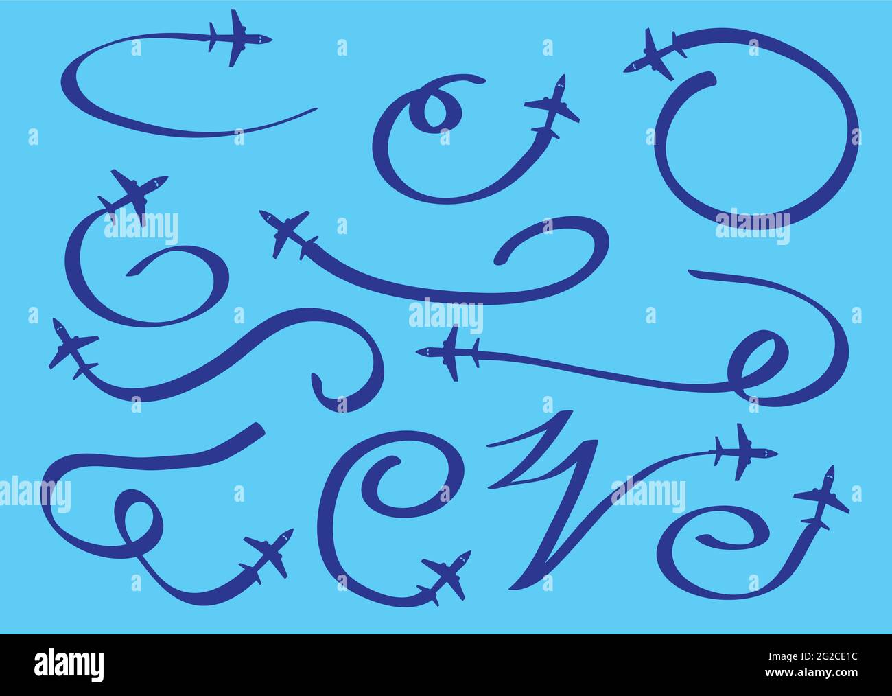 Vektor-Illustration von Cartoon-Flugzeug im Flug und verlassen stilisierte wirbelige Wege isoliert auf blauem Hintergrund. Stock Vektor