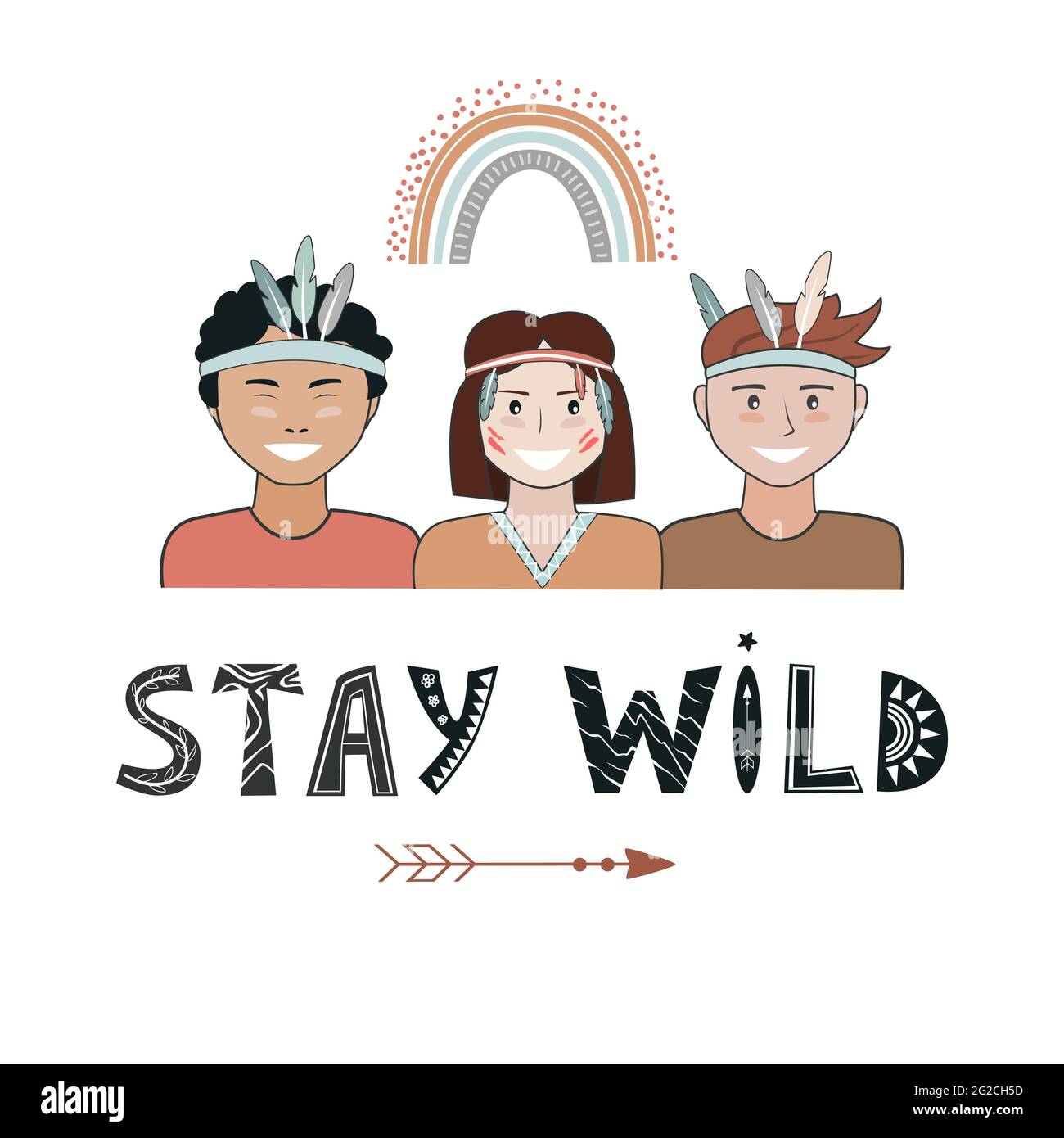 Kinder mit nativen indischen Stirnbändern und Stay Wild-Schriftzug im skandinavischen Stil. Junge und Mädchen mit Spaß Vektor-Set, Abenteuer Hintergrund Stock Vektor