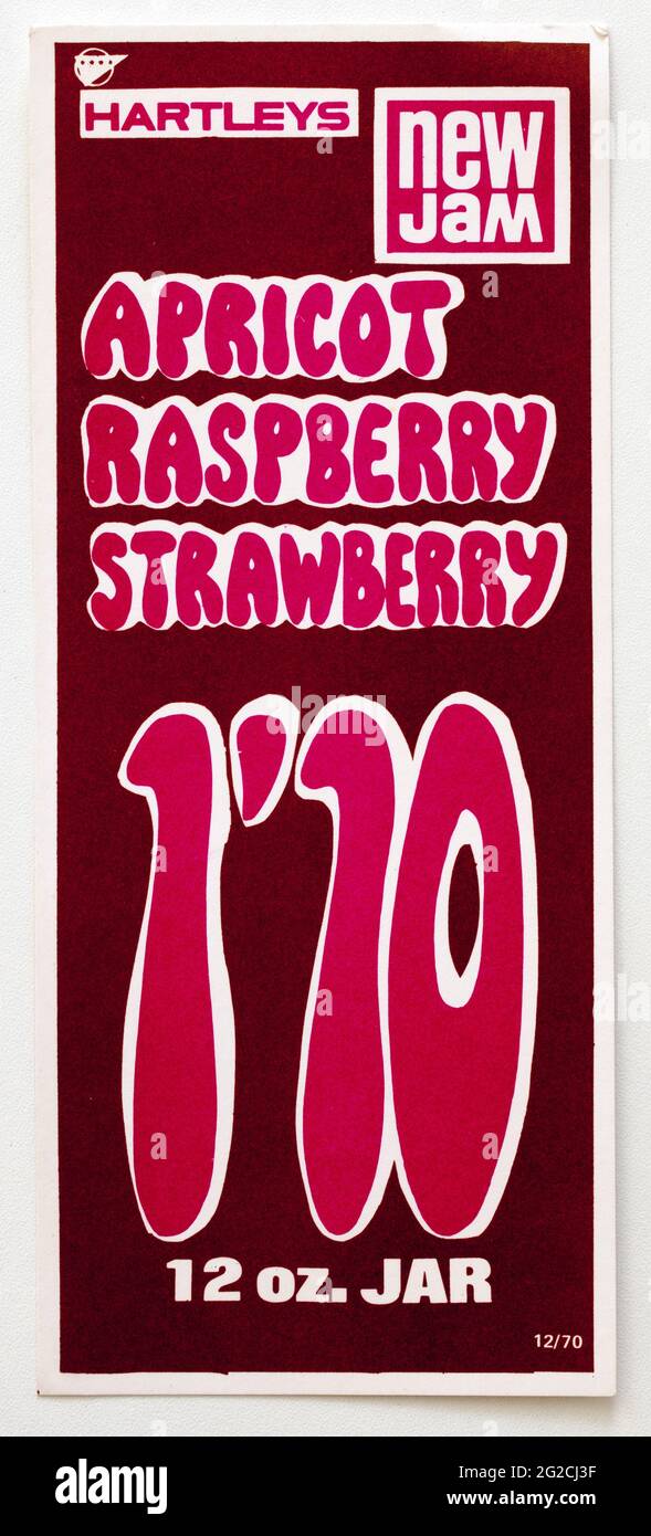 1970er Shop Advertising Price Display Label - Hartleys New Jam Stockfoto