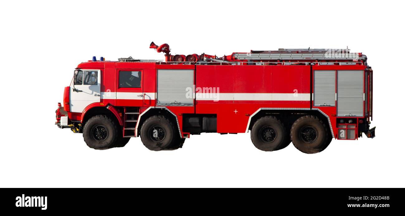 Rote Feuerwehrauto isoliert auf weißem Hintergrund. Stockfoto