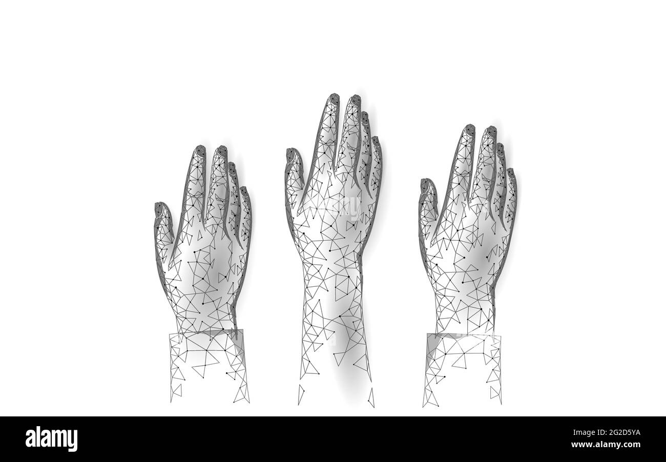 Stimmende Hände erheben sich zum Himmel. 3D polygonale Abstimmung online. Wahltag Freiwillige Sitzung Dämonkratismus. Vektordarstellung „Technologie-Design – Menschen“ Stock Vektor